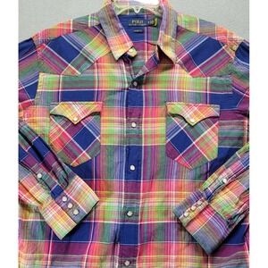 Polo Ralph Lauren Madras Plaid Western Shirt Classic Fit Blue Mens Size XL Pearl